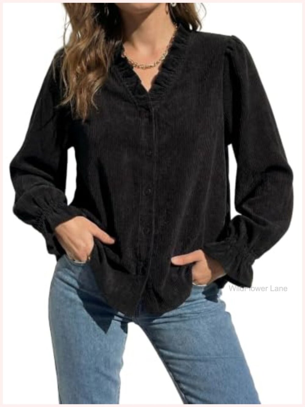 Corduroy Button Down Blouse Ruffle V-Neck Long Sleeve Office Top